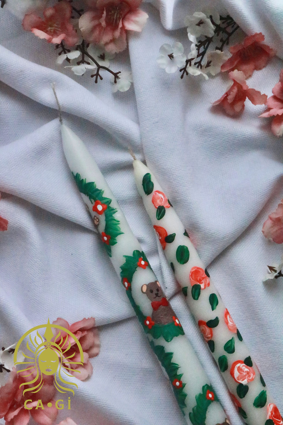 Thumbnail: 100% Hand Painted Teddy Bear Patterned 2-Piece Design Candlestick Candle Set