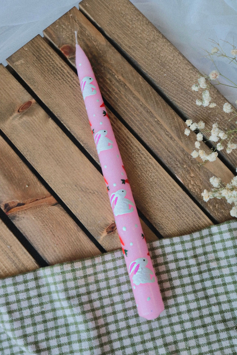 Hand Painted Rabbit and Carrot Patterned Single Pink Candlestick Candle