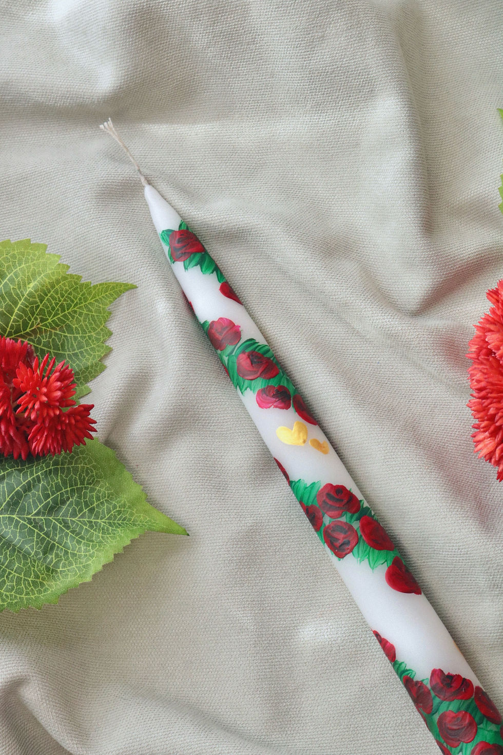 El Boyaması Sarmaşık / Gül Desenli / Sevgililer Günü / Hediyelik Tekli Mum