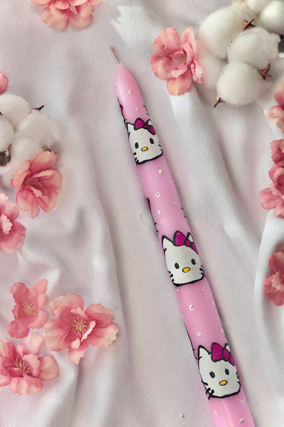 Küçük resim: %100 El Yapımı Hello Kitty / Kurdele Desenli / Hediyelik Tekli Şamdan Mum
