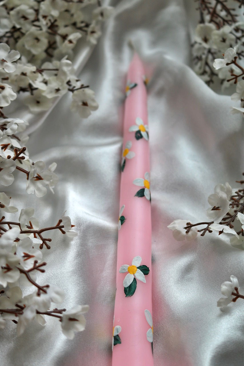 Thumbnail: 100% Handmade Single Pink Candle with Floral Pattern