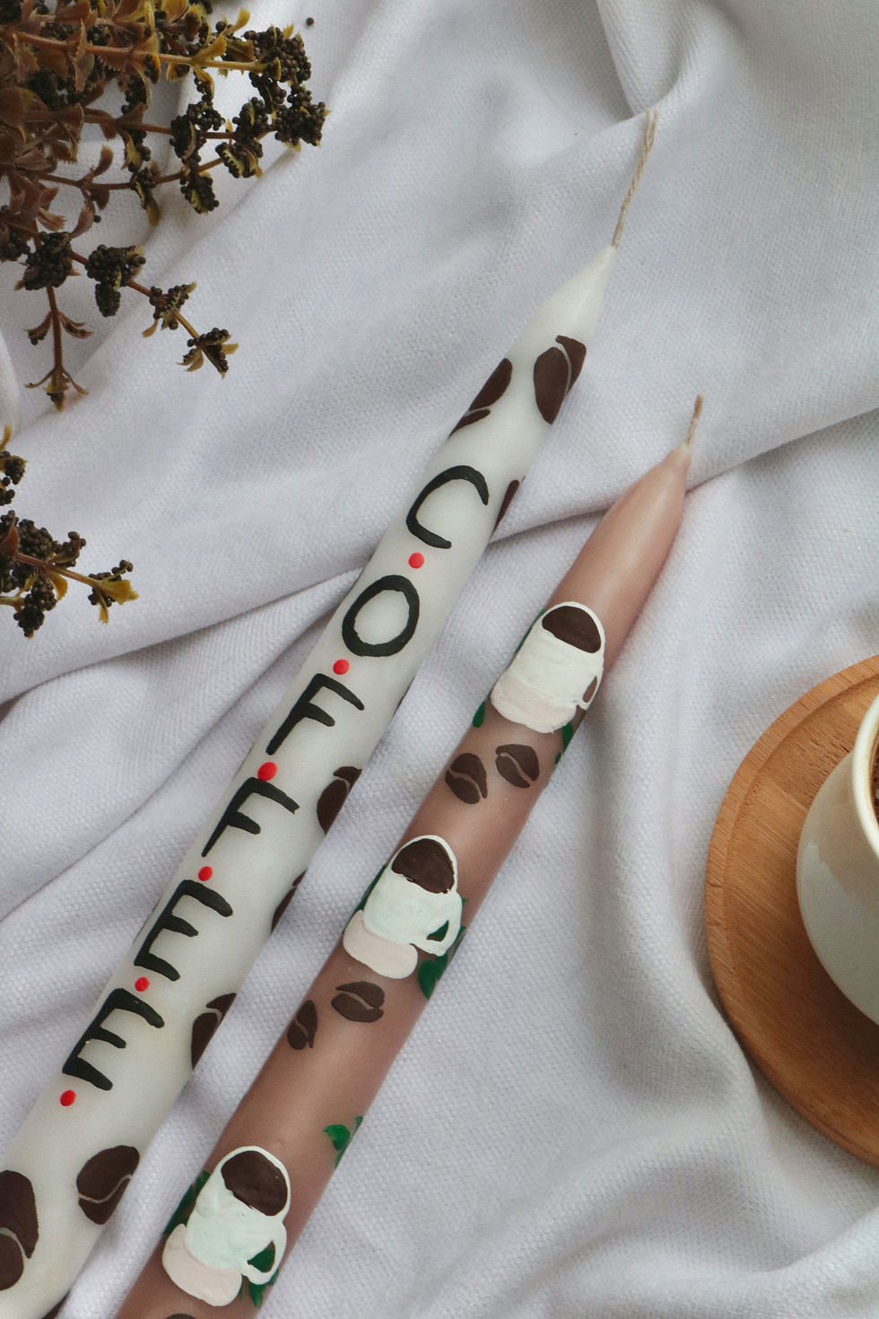 Thumbnail: Hand Painted 2-Piece Coffee Side Presentation / Patterned Candlestick Candle Set