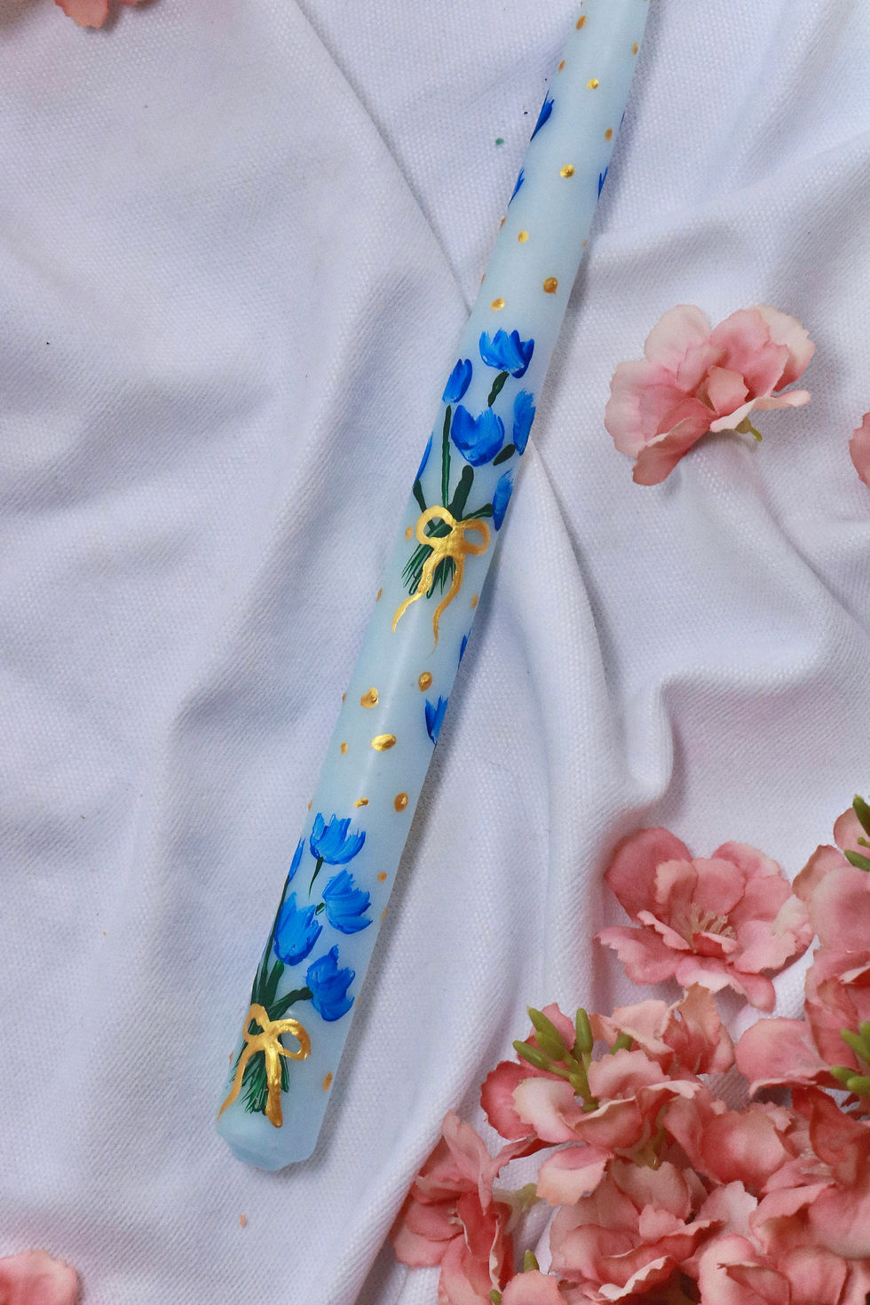 Küçük resim: %100 El Yapımı Lale/Çiçek Desenli Gold Detaylı Tekli Şamdan Mum