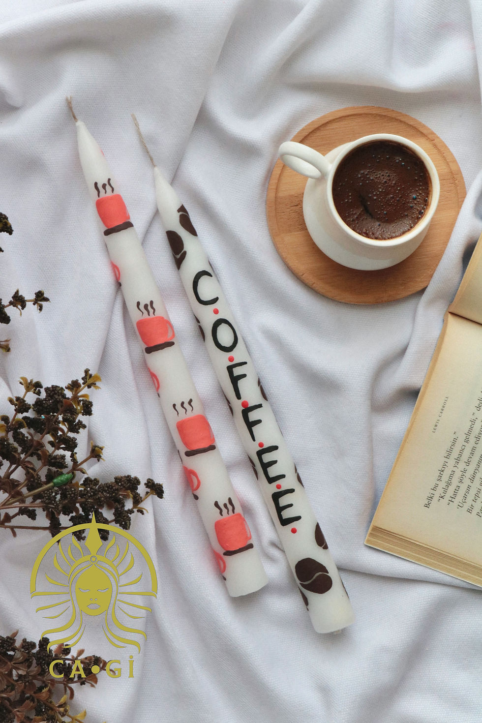 Hand Painted 2-Piece Coffee Side Presentation / Patterned Candlestick Candle Set