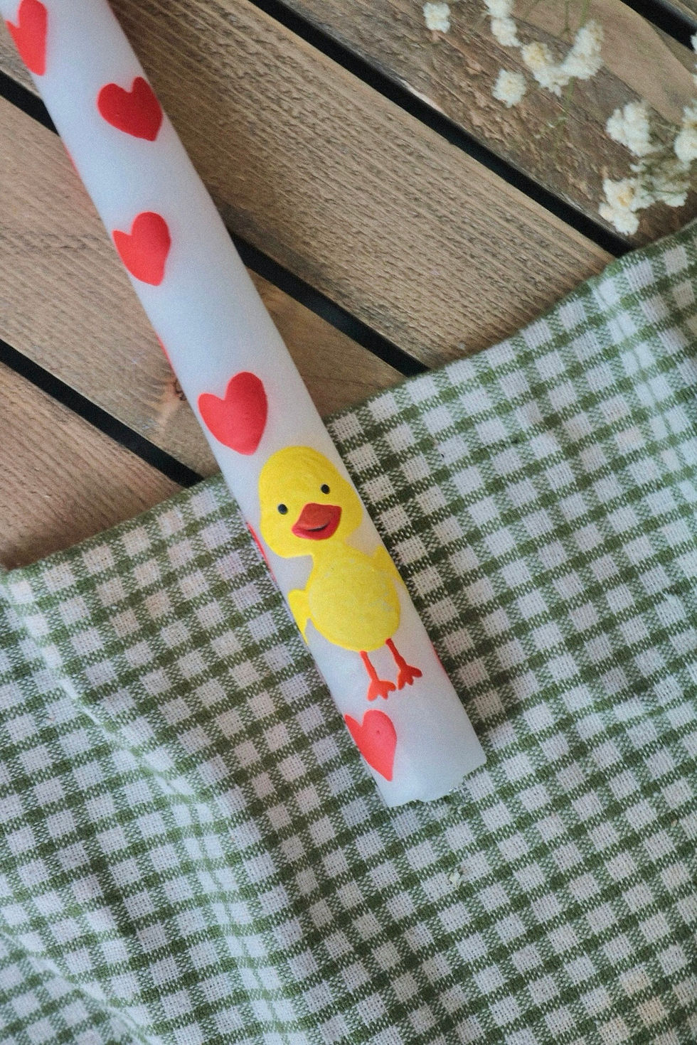 Küçük resim: %100 El Boyaması Ördek Desenli Dekoratif Kalpli Tekli Şamdan Mum - Hediyelik