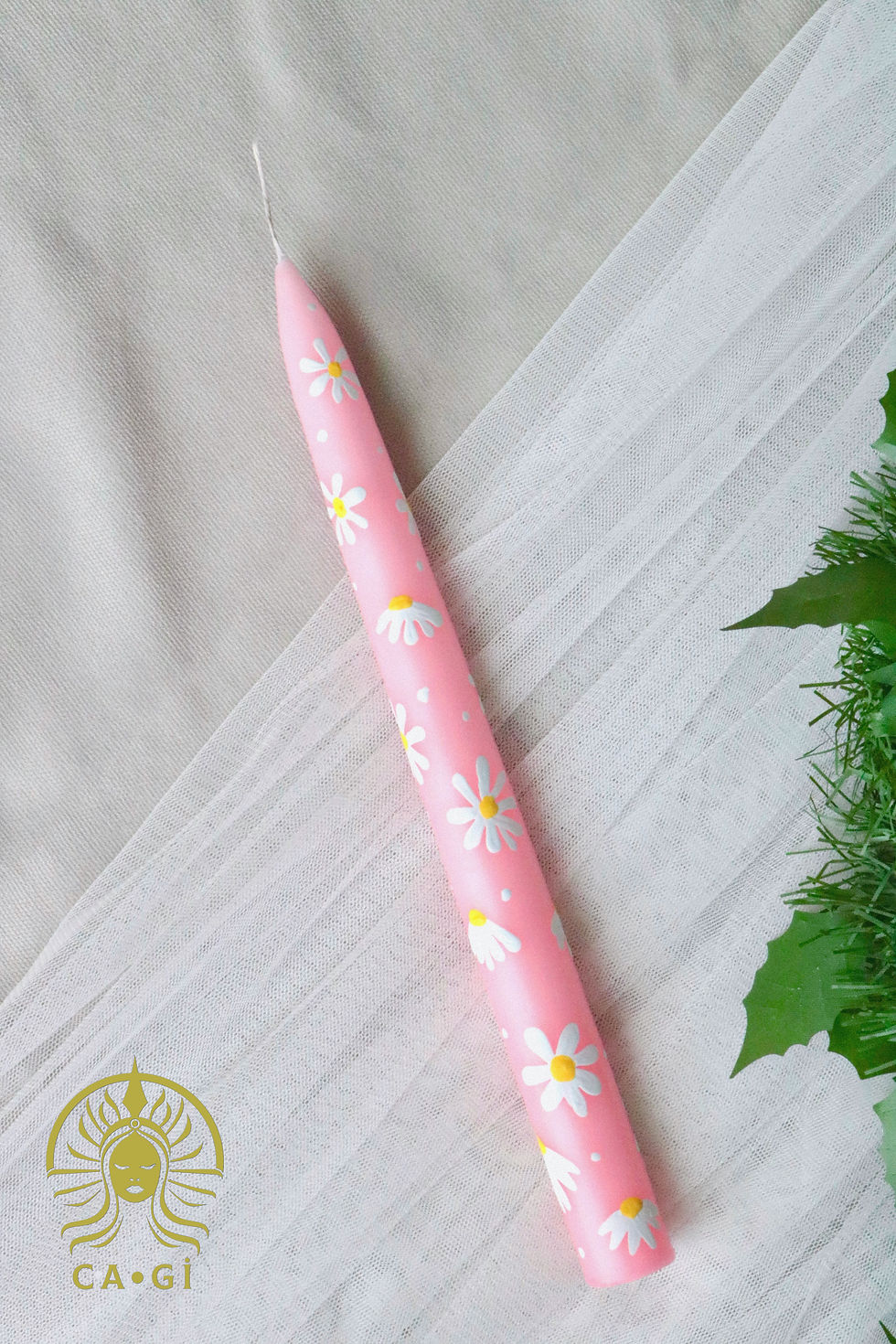 Hand Painted Daisy Pattern Single Pink Candlestick Candle