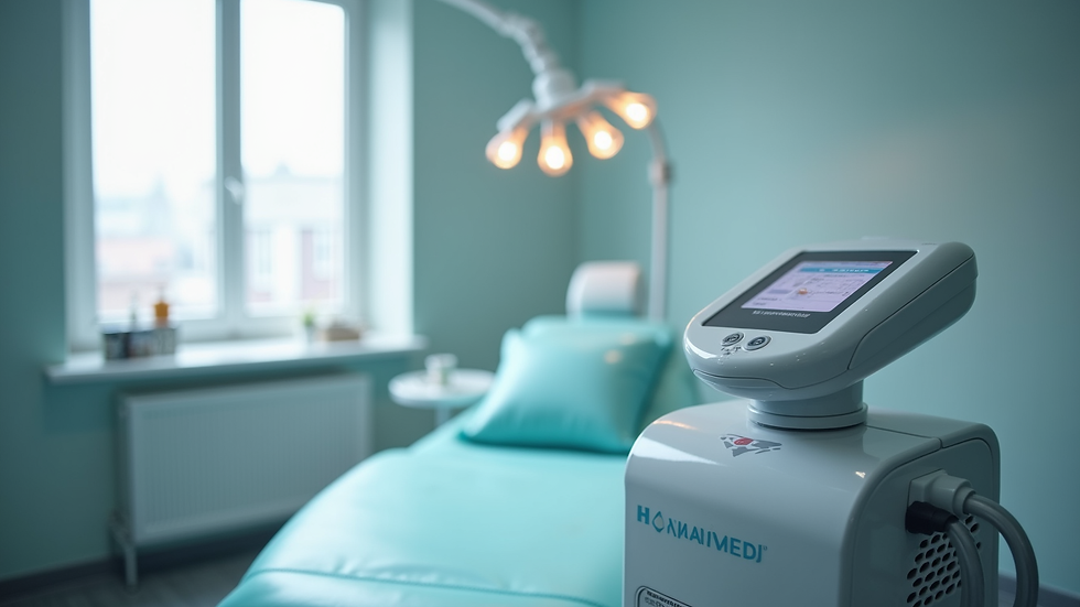 Eye-level view of a treatment room with the Hydrodiamond Machine Hydraverstand Pro Machine ready for use