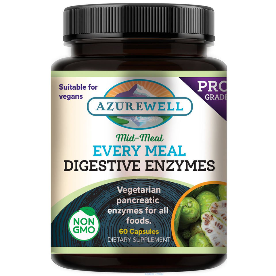 Black plastic bottle of AzureWell's Mid-Meal Every Meal Digestive Enzymes.