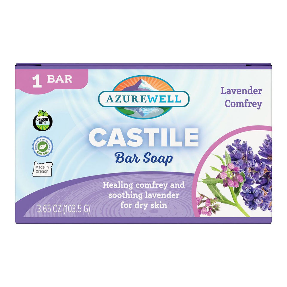 Front panel of the box of Lavender & Comfrey bar soap