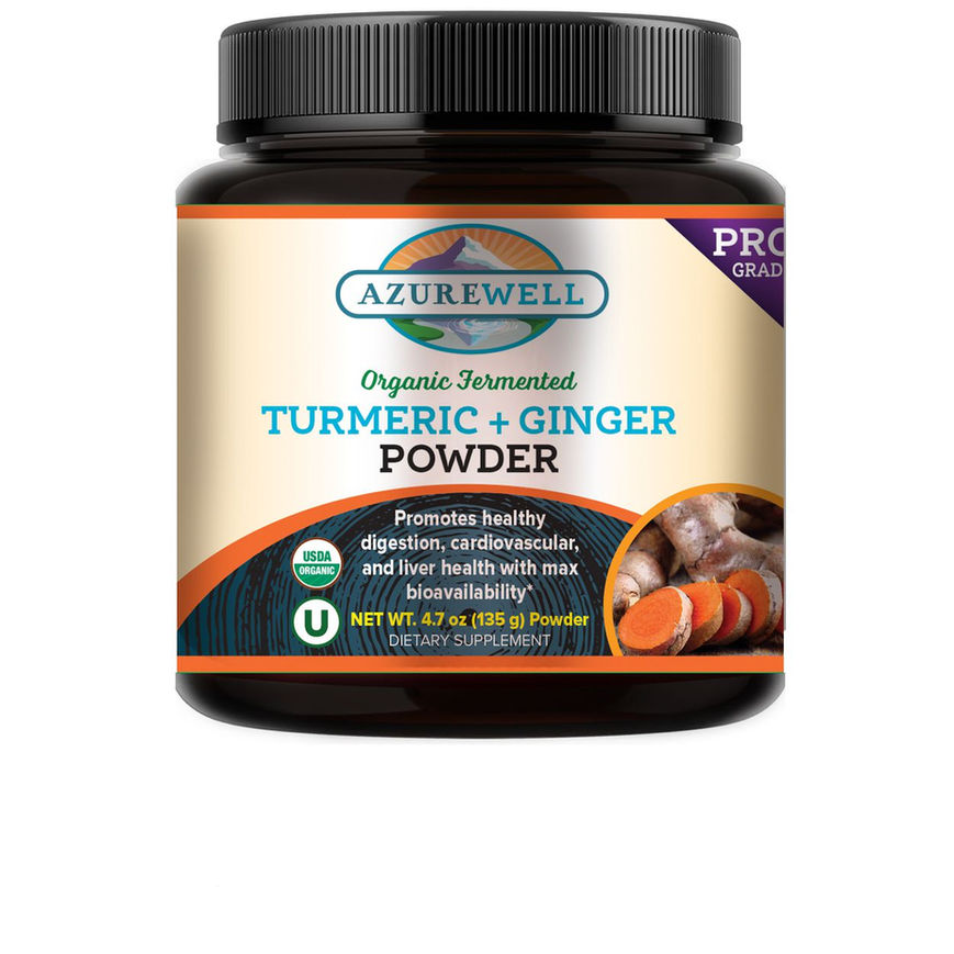 Black plastic canister of AzureWell Organic Fermented Turmeric & Ginger Powder