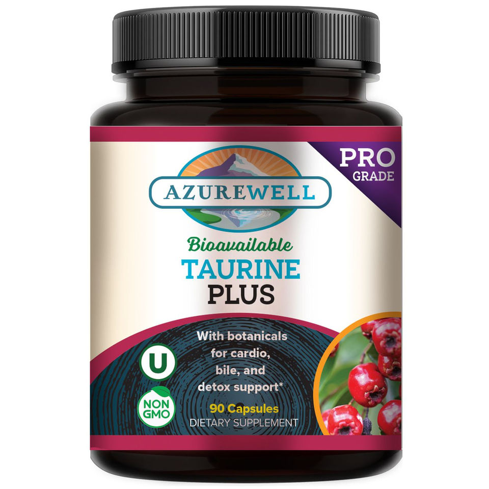 Black plastic bottle of AzureWell Taurine Plus