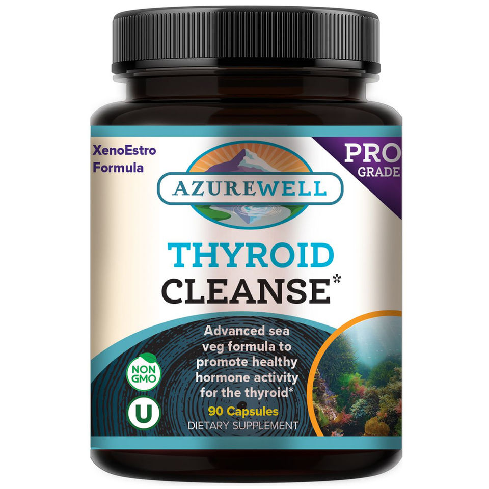 Black plastic bottle of AzureWell Thyroid Cleanse.