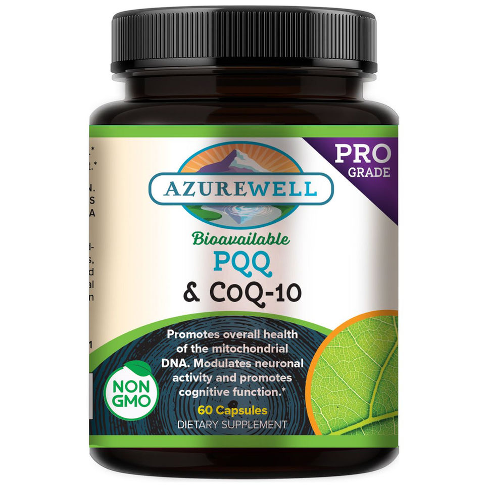 Black plastic bottle of AzureWell PQQ & CoQ10