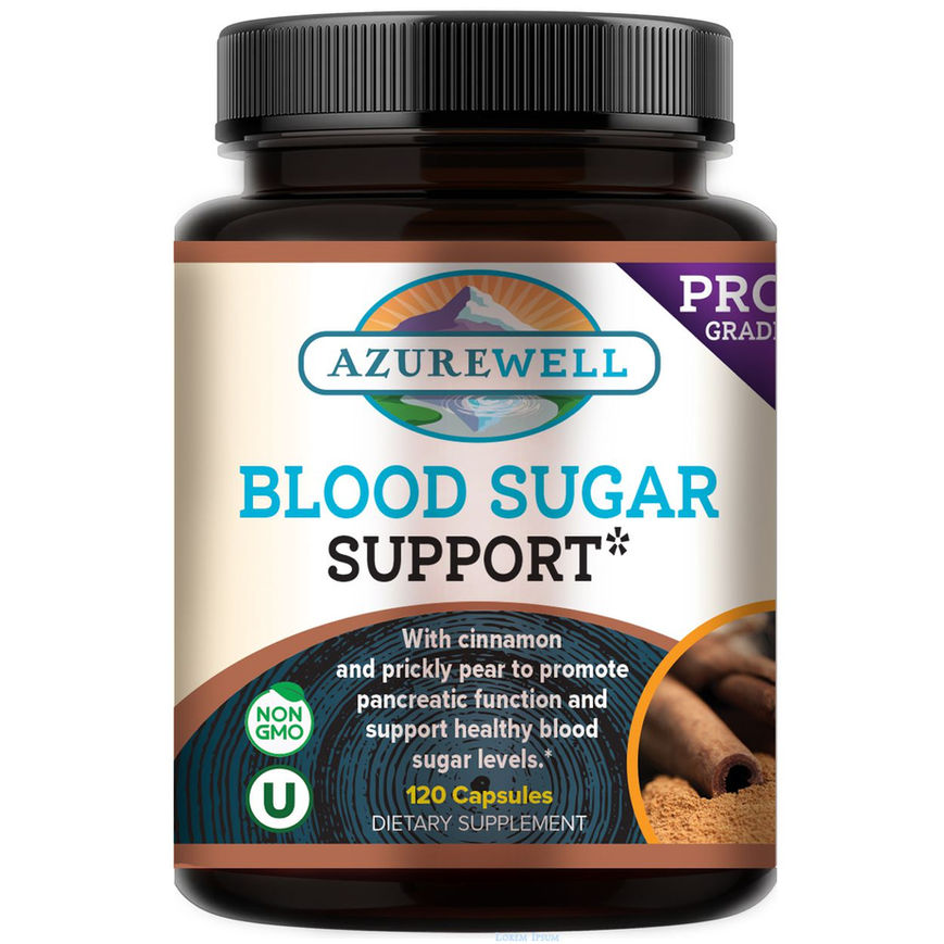Black plastic bottle of AzureWell Blood Sugar Support