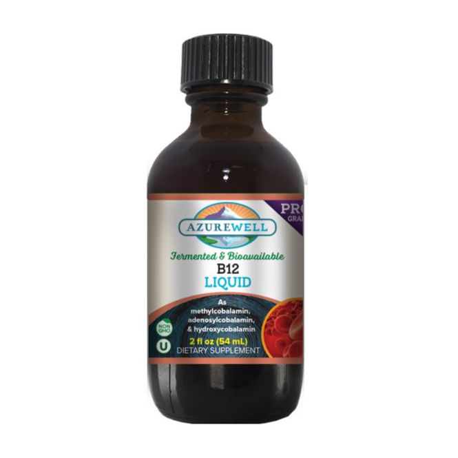 Dark amber glass bottle of B12 Liquid, Fermented