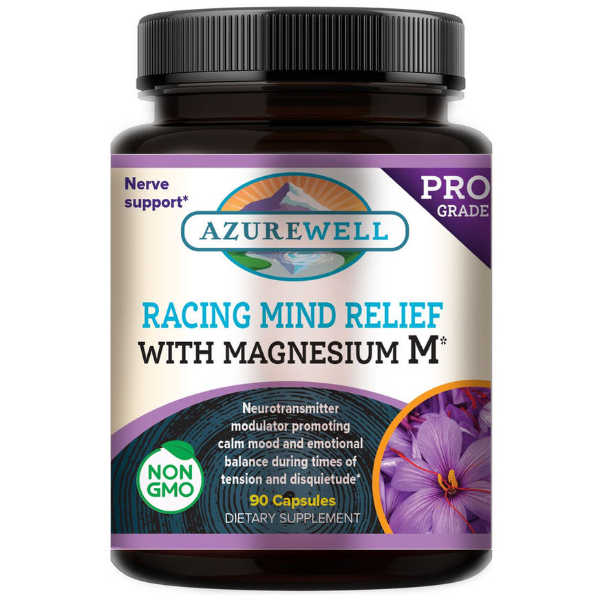 Black plastic bottle of AzureWell Racing Mind Relief.