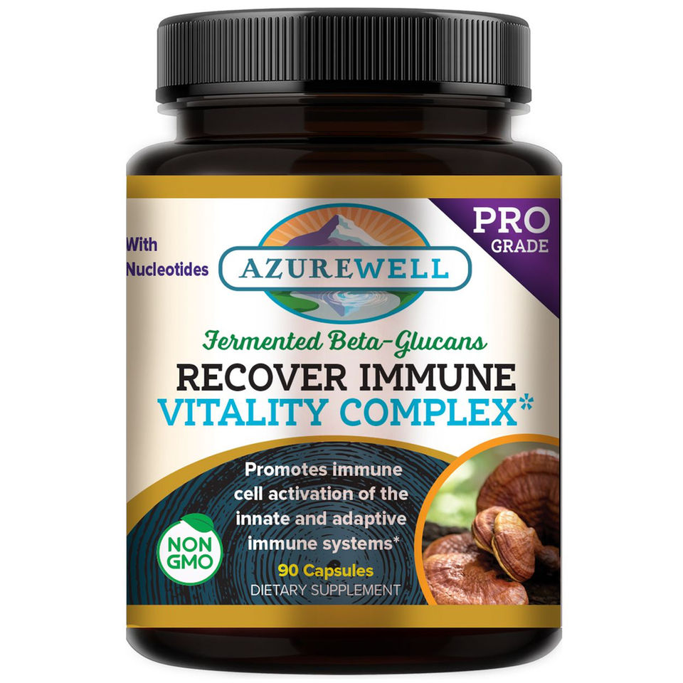 Black plastic bottle of AzureWell Recover Immune Vitality Complex