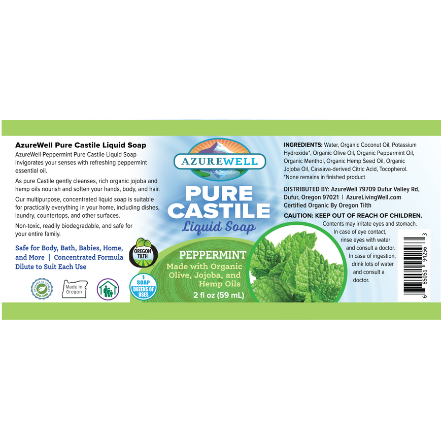 Full product label for Peppermint Castile Liquid Soap laid out flat for readability.