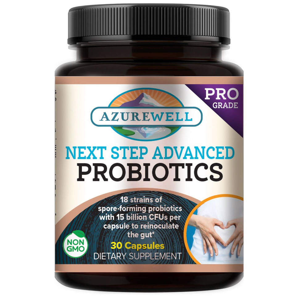Black plastic bottle of AzureWell Next Step Advanced Probiotic
