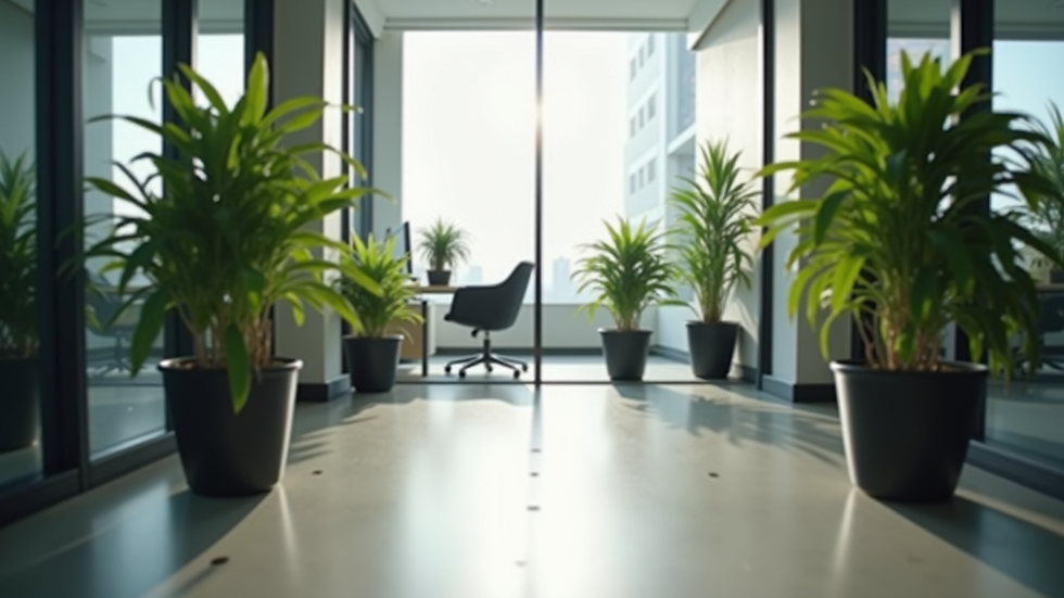 Eye-level view of a modern office corner with lush green plants