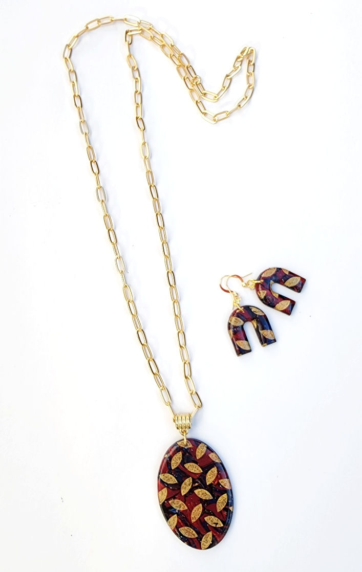 סט קלאסי שחור אדום שרשרת ארוכה עם תליון ועגילים