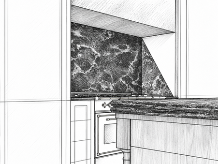 Black-and-white architectural detail sketch of a traditional kitchen range alcove with dark veined stone backsplash, angled side panel and professional range.