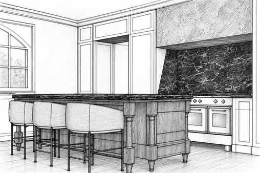 Black-and-white architectural kitchen sketch showing a traditional range alcove with dark stone backsplash, tall paneled cabinetry and island with upholstered counter stools.