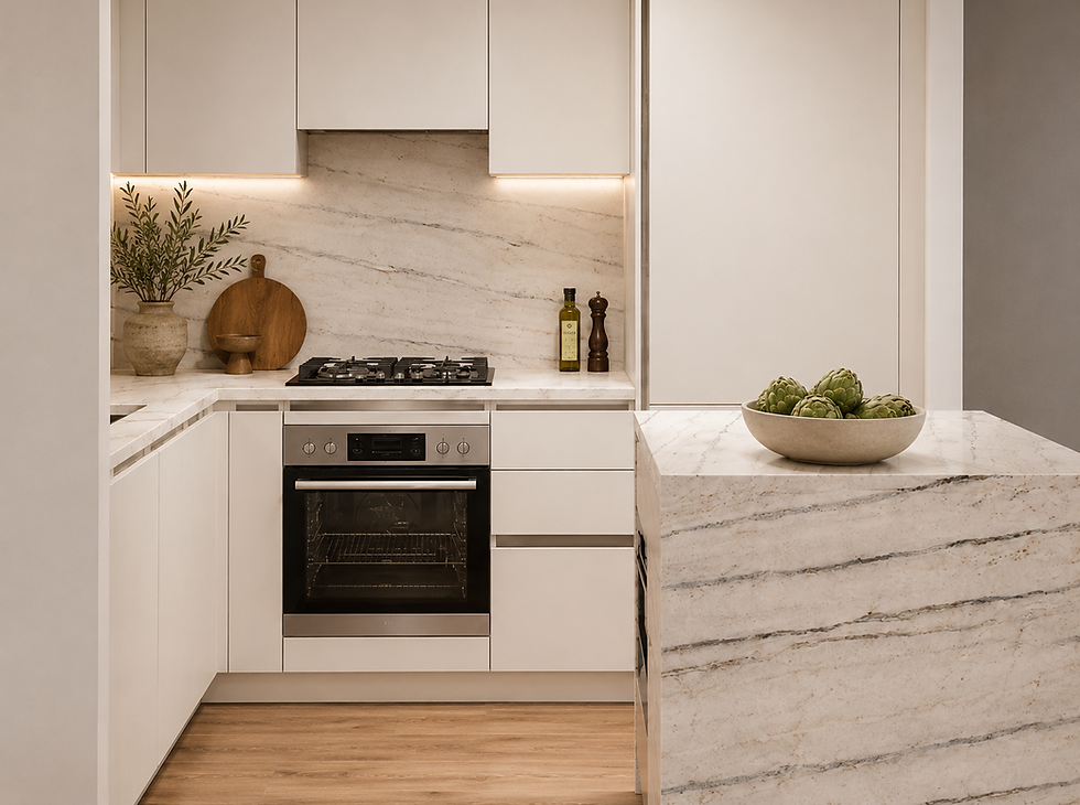 Modern small NYC apartment kitchen with island featuring Ballerina German cabinets, LeMans corner storage, quartz countertops, and space-saving appliance planning with kitchen cabinetry costs from $24K–$28K.