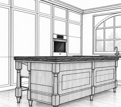 Black-and-white architectural kitchen sketch showing full-height paneled cabinets, integrated wall oven, furniture-style island and arched window.