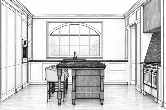 Black-and-white front perspective of a traditional kitchen with central island, arched window, floor-to-ceiling cabinetry and range alcove.