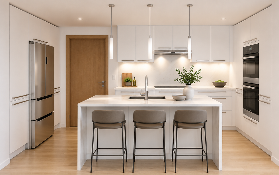 Large white German kitchen featuring an L-shaped layout, dedicated pantry wall, statement island, and cabinetry costs of approximately $39.5K–$44.5K. Example NYC kitchen renovation balancing storage capacity, visual simplicity, and cost-conscious planning decisions.