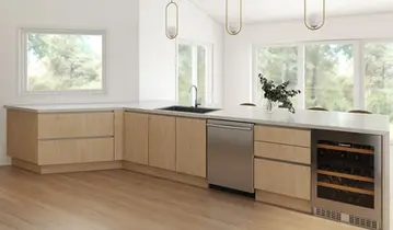 Modern Hamptons kitchen with German cabinetry, full-height pantry wall, quartz countertops, and family seating peninsula. Cabinetry costs approximately $45,000–$55,000, with total displayed kitchen package costs ranging from $82,000–$92,000.