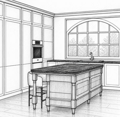 Detailed architectural sketch of a traditional furniture-style kitchen island with turned wood legs, framed panels, stone countertop and tall cabinetry.
