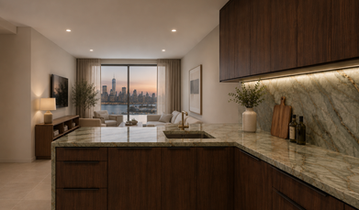 High-end German kitchen in West Village NYC with walnut veneer cabinets, Cristallo Tiffany quartzite island, Bosch refrigerator, Thermador appliances, and luxury material selections. Estimated kitchen investment: $100,000–$120,000.