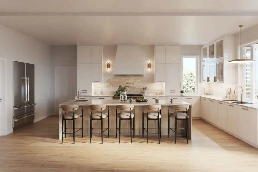 Traditional Hamptons kitchen with premium German shaker cabinetry, Wolf and Thermador appliances, waterfall quartzite island, and curved stone detailing around the cooking area. Cabinetry investment ranges from $90K–$105K, with total kitchen costs of approximately $176K–$191K.