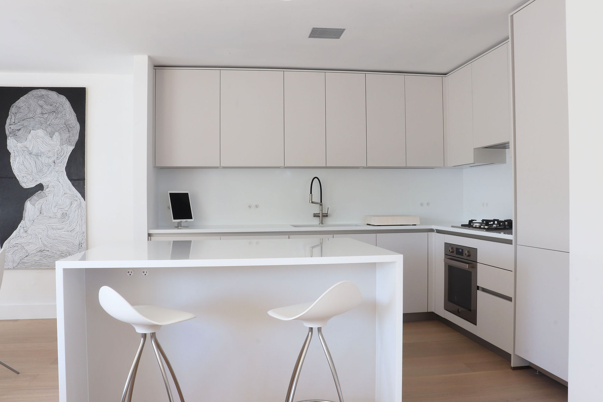 Kitchen Island with modern Quartz waterfall countertops 