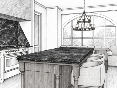 Architectural kitchen sketch featuring a dark stone island, upholstered counter stools, traditional chandelier, arched window and paneled range wall.