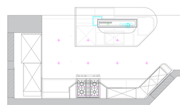 Kitchen floor plan for an L-shaped Gramercy Park NYC kitchen with island, integrated utility column, cabinetry, appliances, and seating layout.
