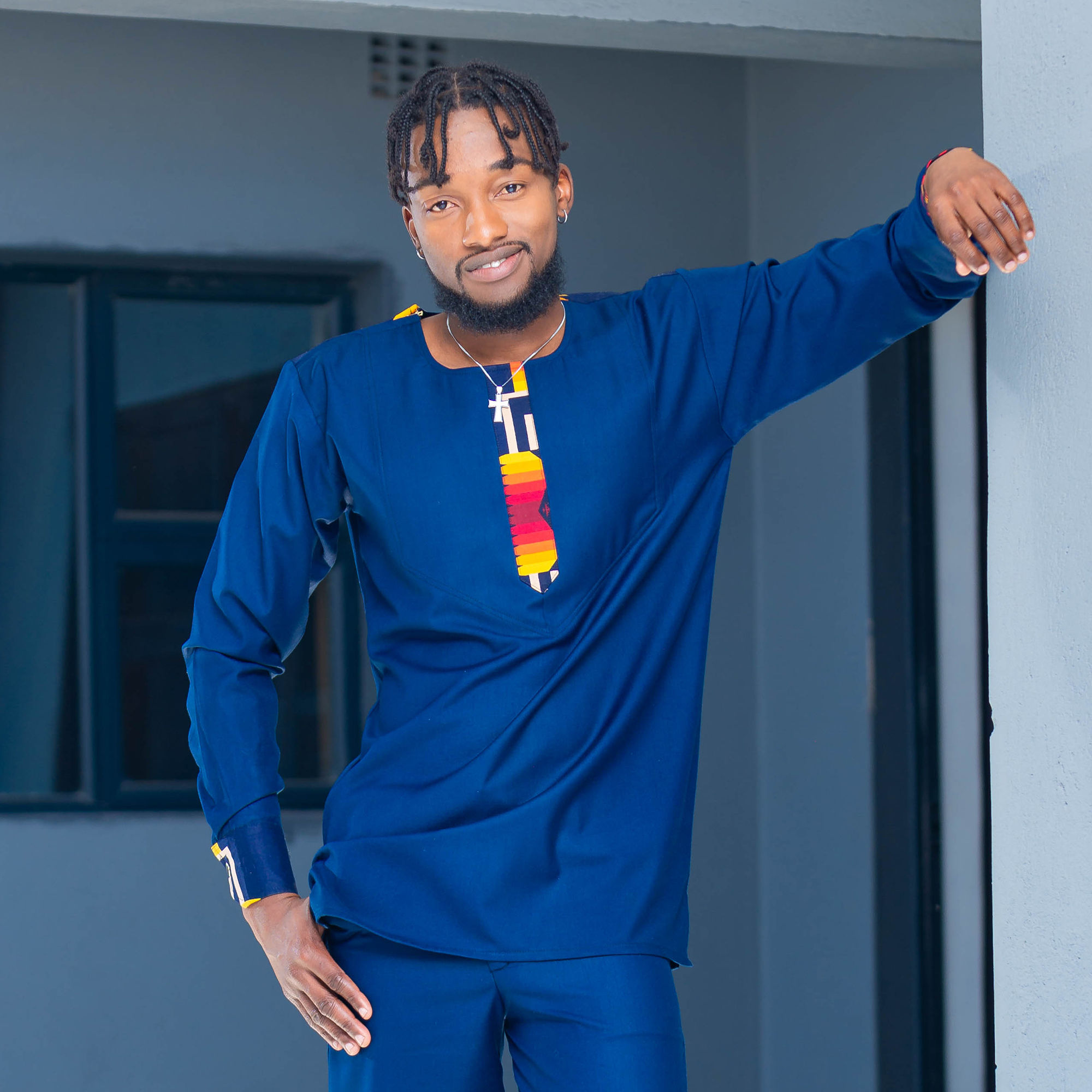 Men's Blue Shirt with Ankara Finish