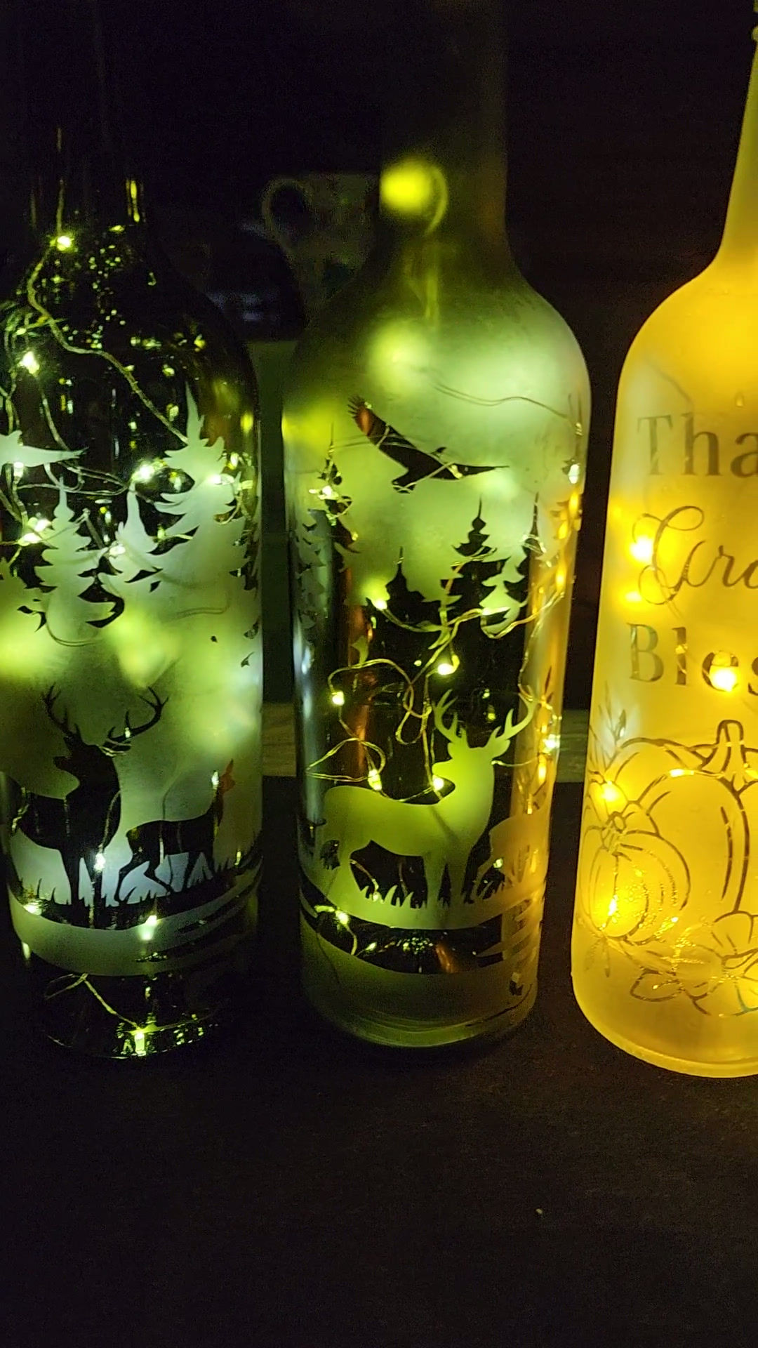 Etched Wine Bottle - Forest Animals w/Cork Fairy Lights