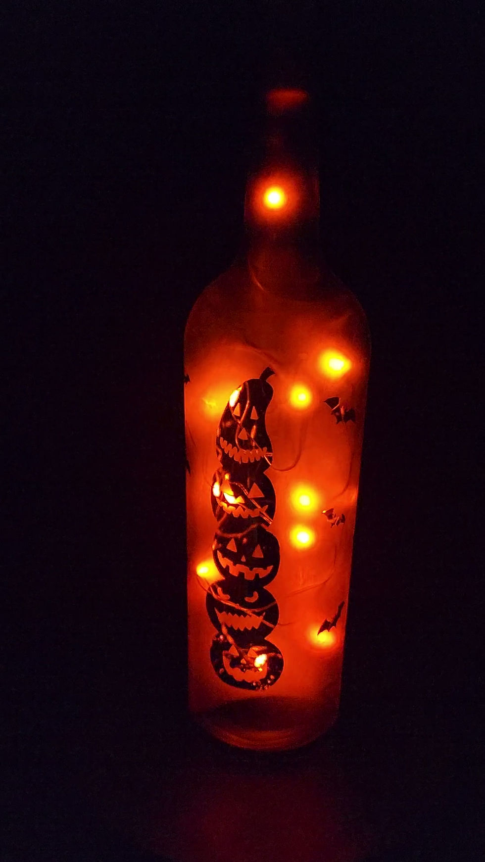 Thumbnail: Etched Wine Bottle - Scary Pumpkins & Bats w/Cork Fairy Li