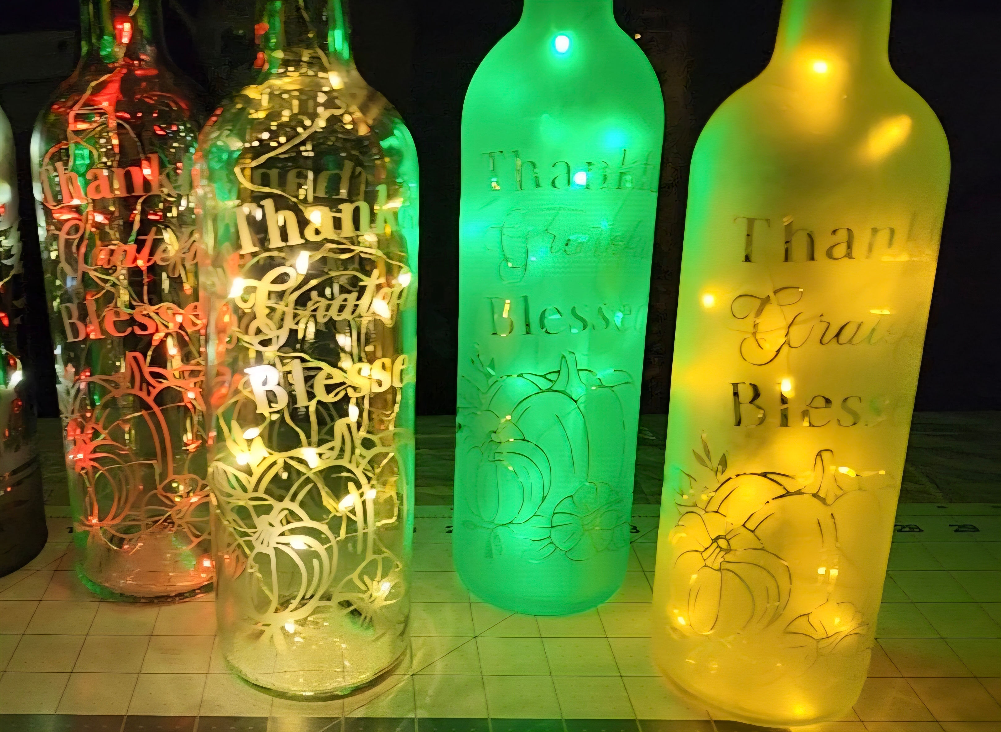 Etched Wine Bottle - Thankful, Grateful, Blessed w/Cork Fairy Lights