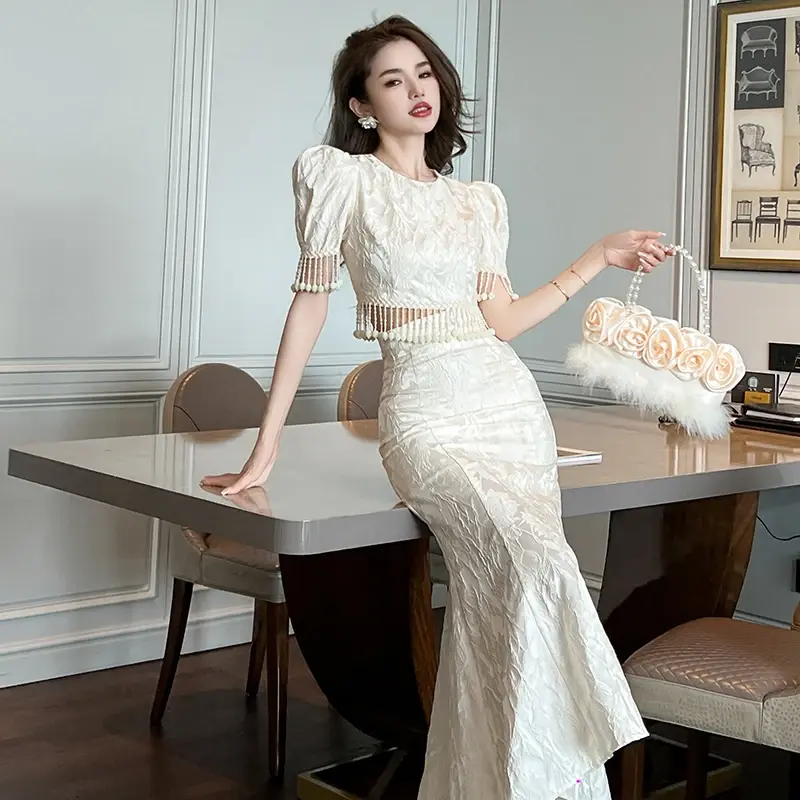 Thumbnail: Top End Satin Short Crop Top Fishtail Long Skirt Two Pcs Tropical Set