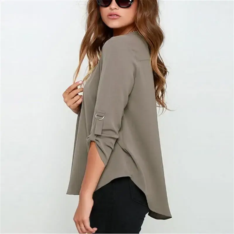 Thumbnail: Traf Tops Plus Size  V-Neck Long-Sleeved Pleated Sleeve Loose Shirt