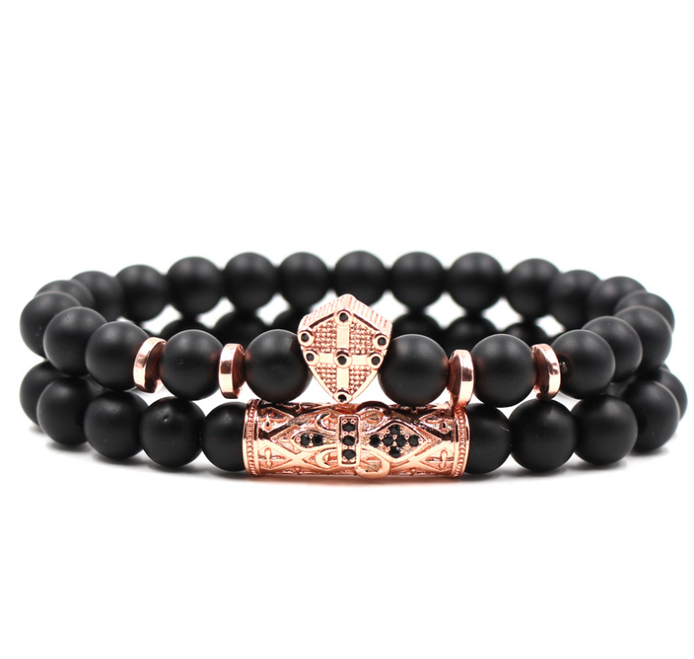 Thumbnail: Classic Black Beads 2pc/Set Natural Glass Stone Bracelet for Men