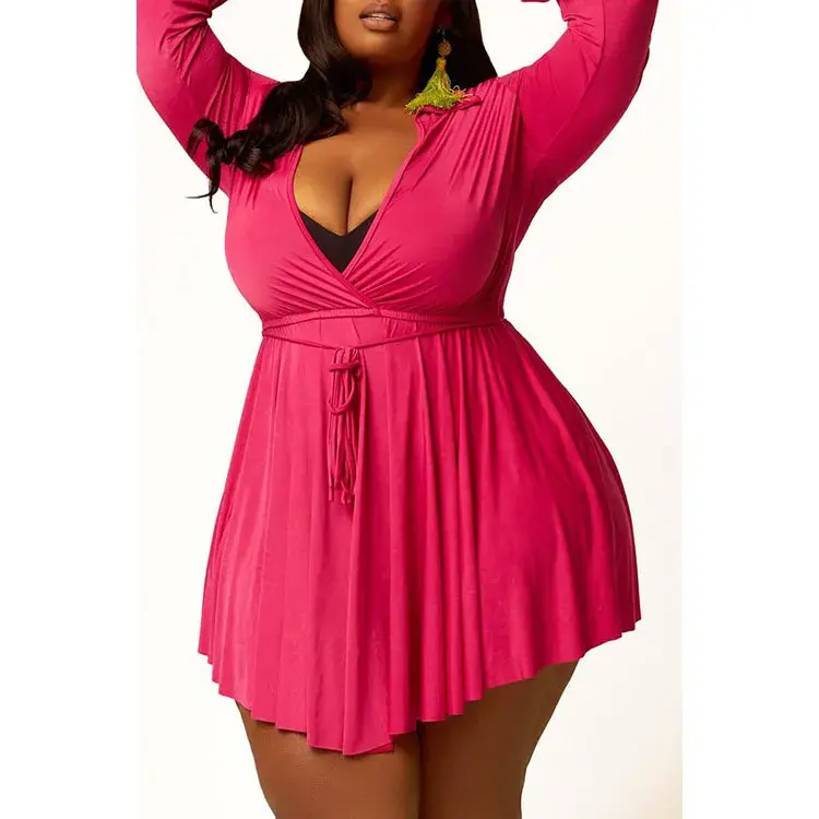 Thumbnail: Long Sleeve High Waist Solid Color Short Skirt Deep v Dress Plus Size
