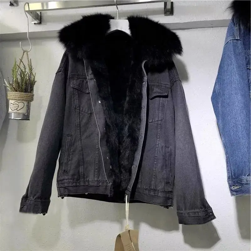 Thumbnail: Winter Warm Basic Coat Big Fur Collar Denim Jacket