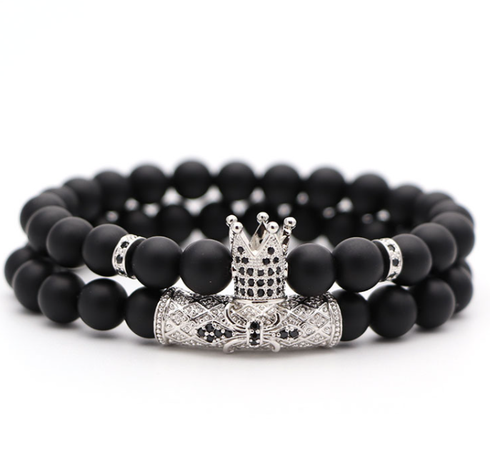 Thumbnail: Classic Black Beads 2pc/Set Natural Glass Stone Bracelet for Men