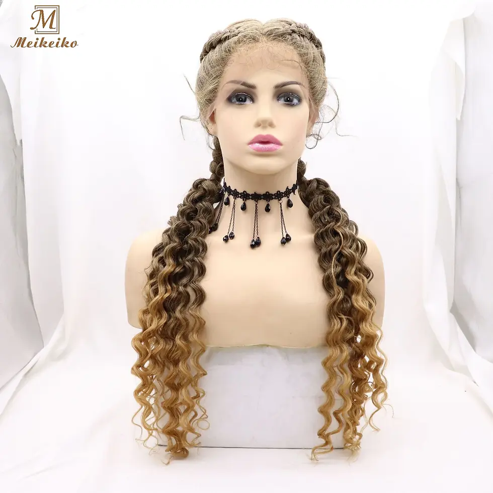 Thumbnail: Synthetic Lace Front Dutch Twins Braid Wigs With Baby Hair Curly Ends