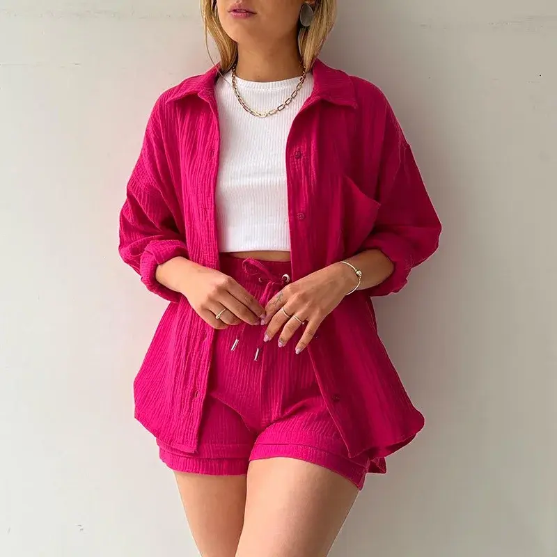 Thumbnail: Women's Suits Long-Sleeved Shirt High-Waisted Drawstring Shorts Loose